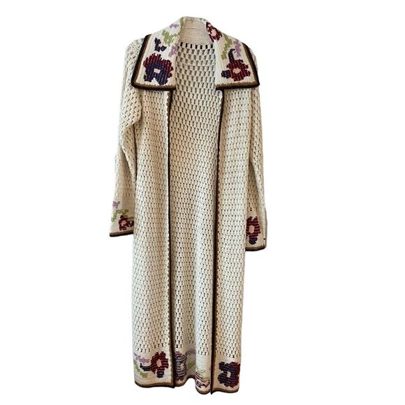Jackets & Blazers - Vintage full length open knit sweater w/floral borders & oversized collar